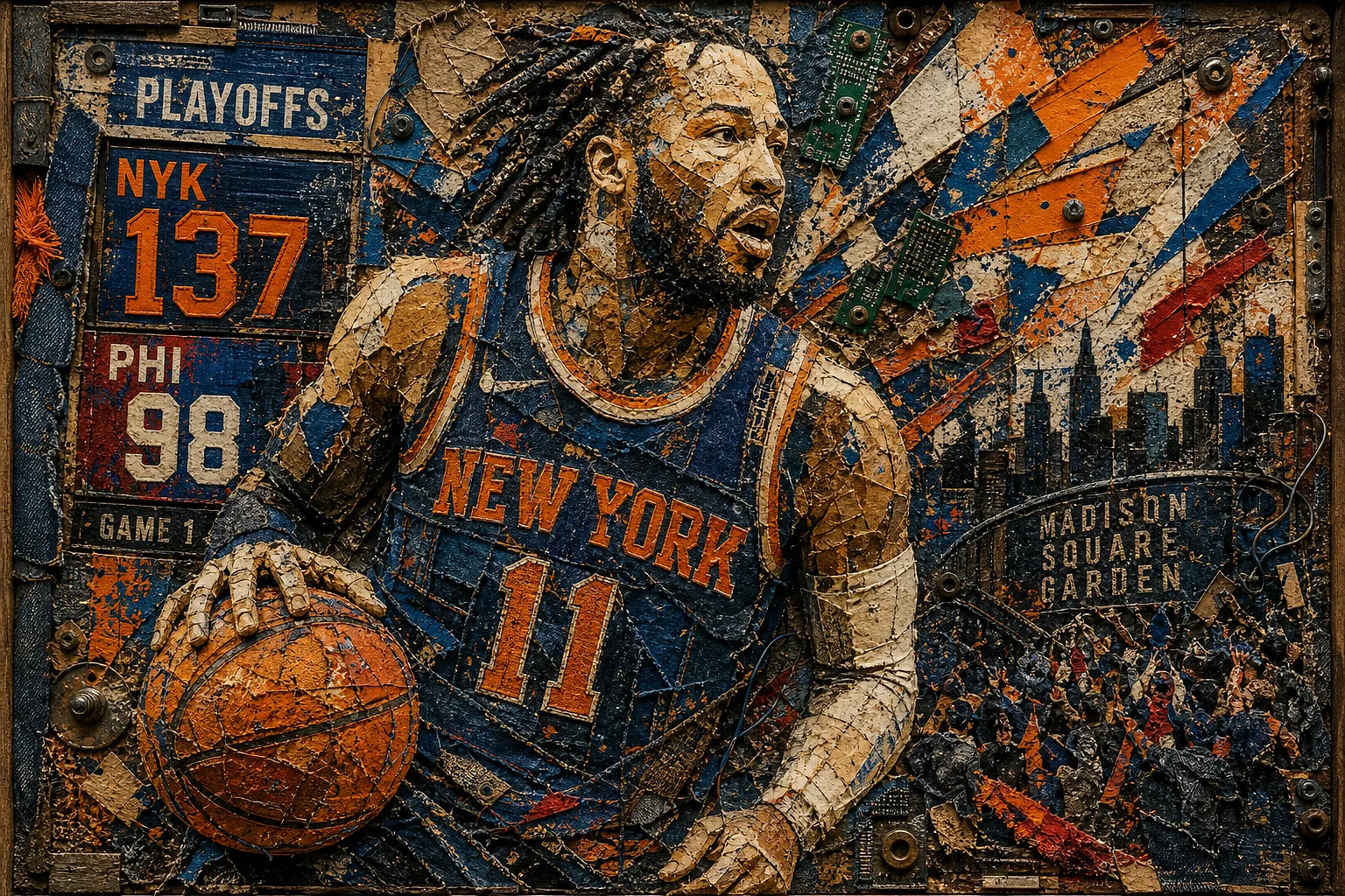 AI-generated mixed-media collage of an abstract New York basketball guard after a playoff win over Philadelphia
