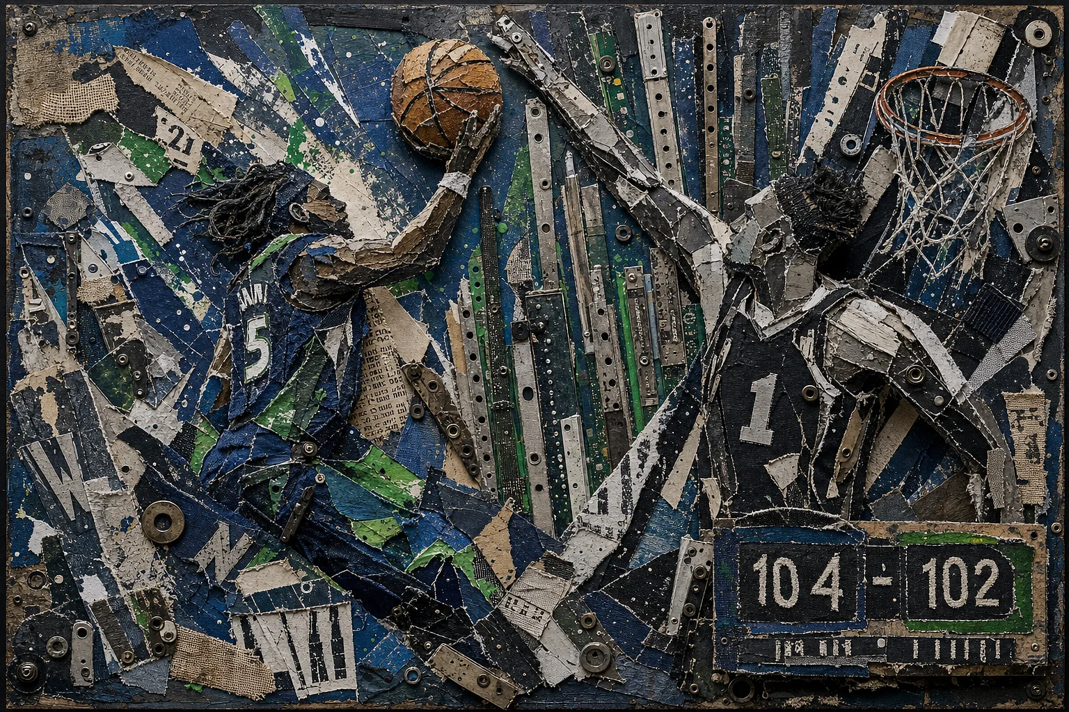 AI-generated mixed-media collage of a Minnesota-San Antonio playoff game with abstract shot blocking imagery