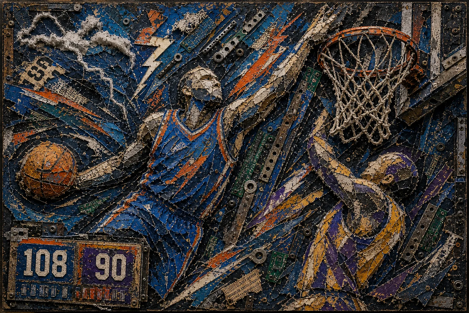 AI-generated mixed-media collage of Oklahoma City controlling a playoff game against Los Angeles