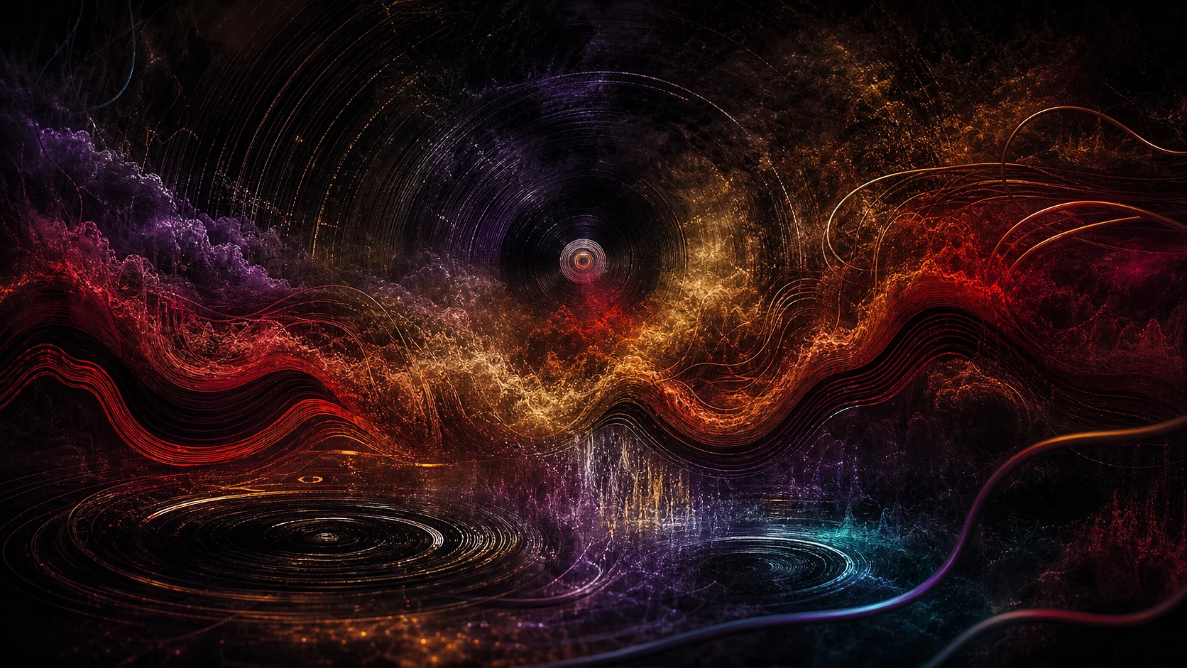 Abstract dark music artwork with concentric record-like grooves, smoky red and amber waveforms, purple haze, and cyan low-frequency light trails
