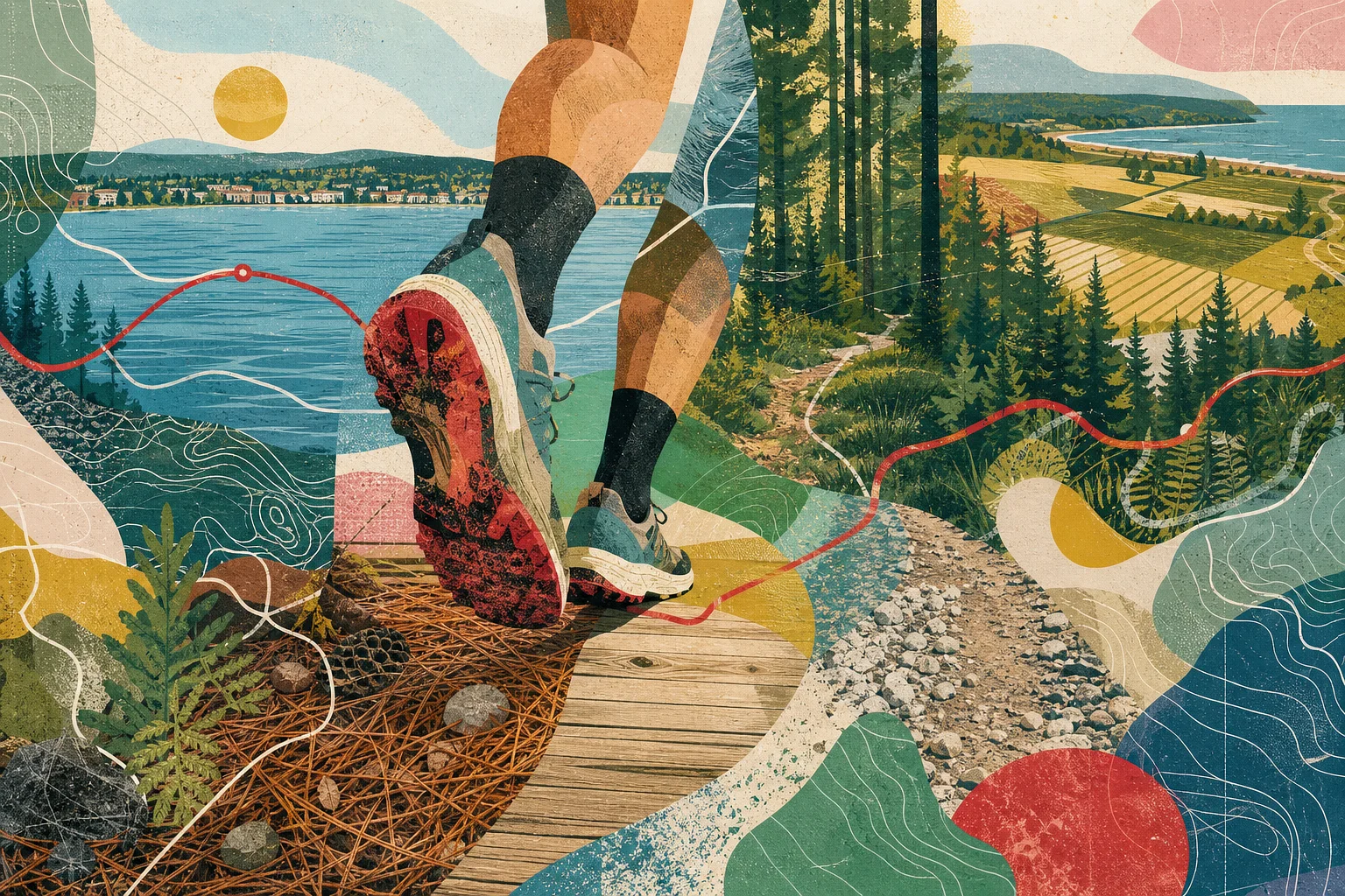 Abstract editorial artwork of runners moving beside Grand Traverse Bay, orchards, and wooded trails