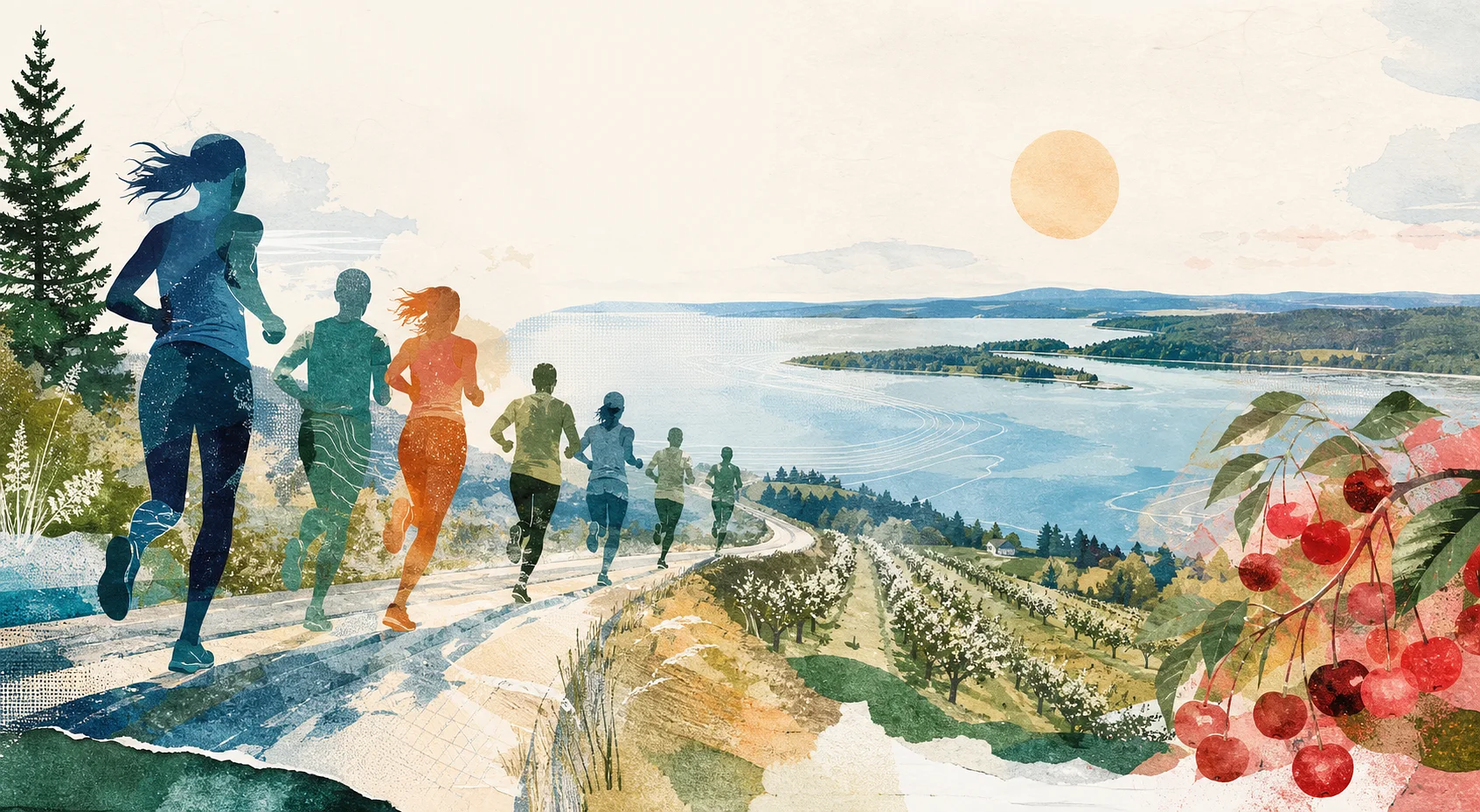 Abstract map-inspired artwork of running shoes crossing Boardman Lake, TART, VASA, and Leelanau trail textures