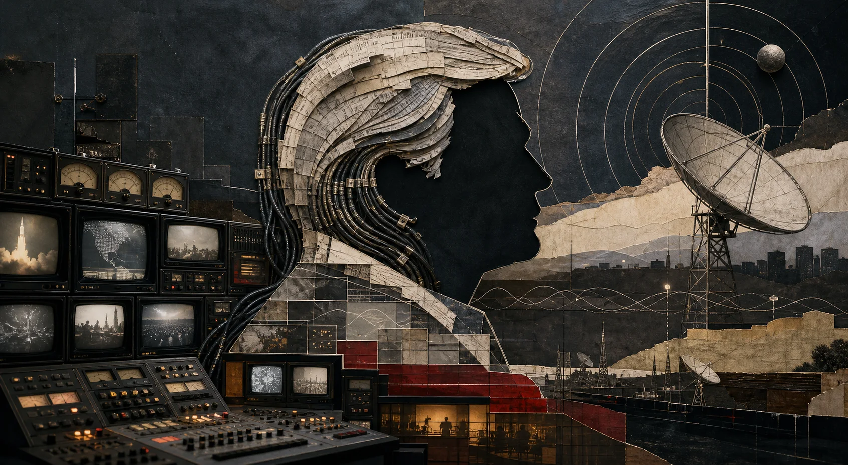 Abstract mixed-media collage of cables, screens, newsprint, and satellite arcs representing Ted Turner and 24-hour news
