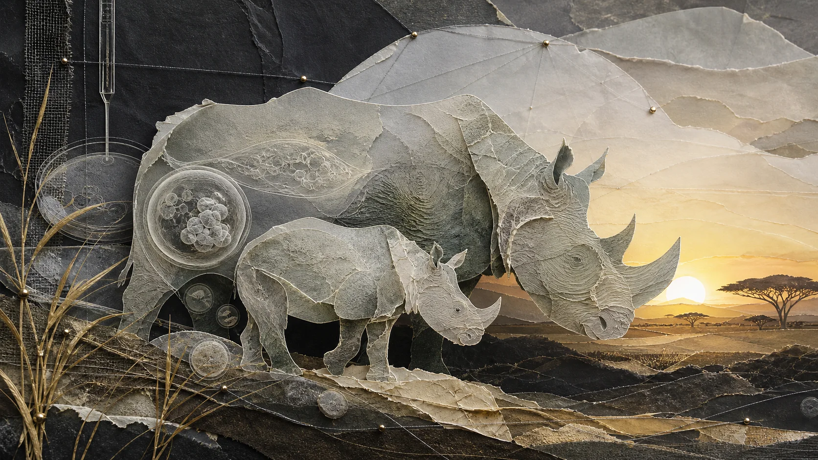 Abstract mixed-media collage of two rhino silhouettes, lab paper, grass fiber, and embryo-like forms