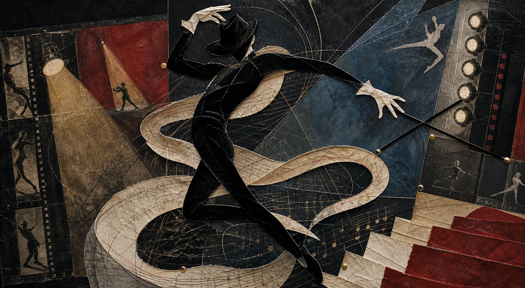 Abstract collage of a sinuous dancer silhouette, stage lights, film strips, hat shapes, and dance notation