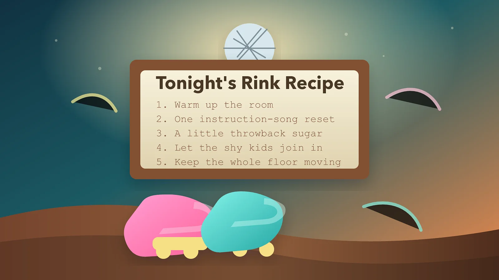 Editorial illustration of a roller rink playlist sign above roller skates and a disco ball.