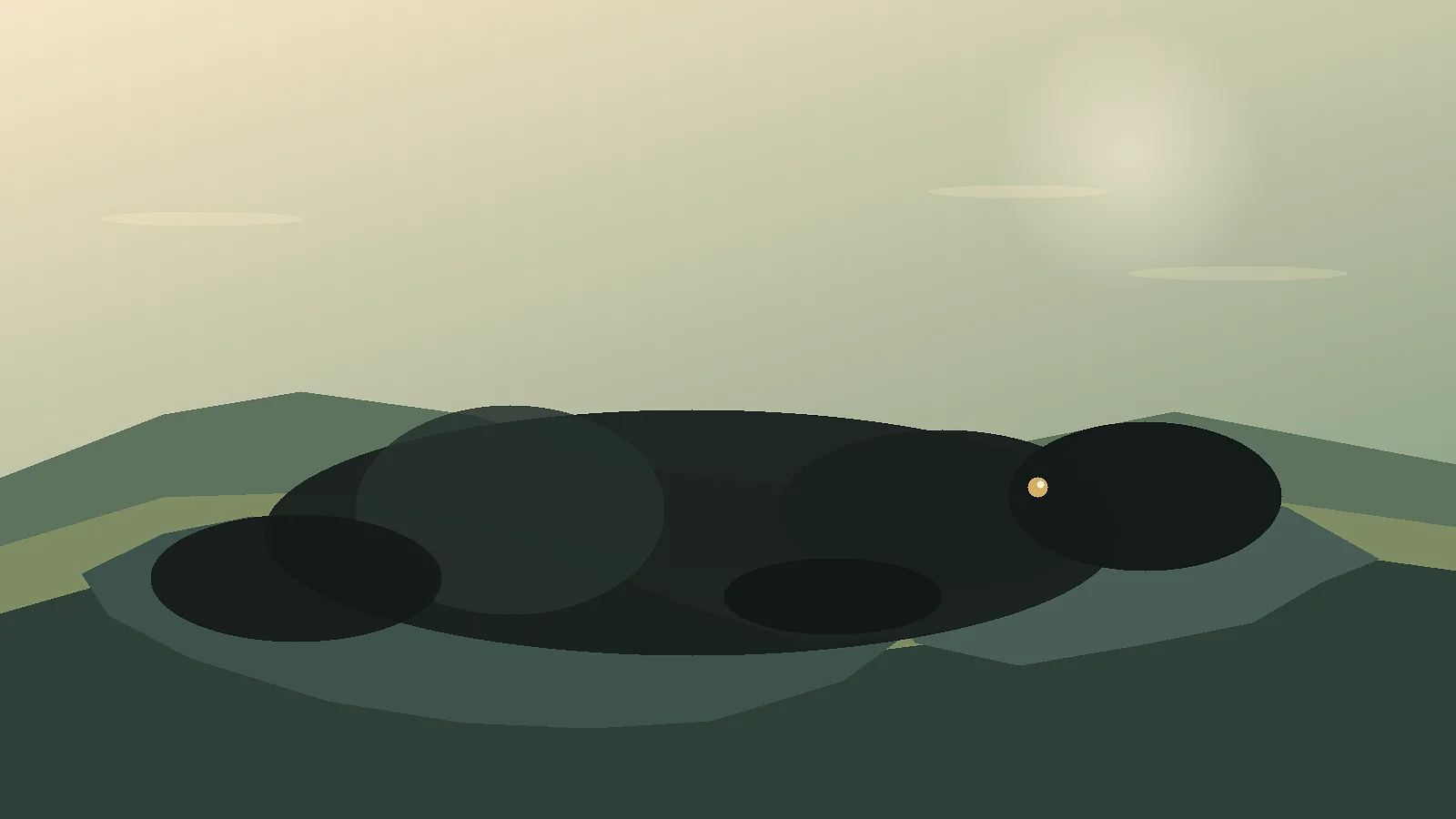 Editorial illustration of a giant monitor-lizard silhouette across layered island and coastal forms at dusk.
